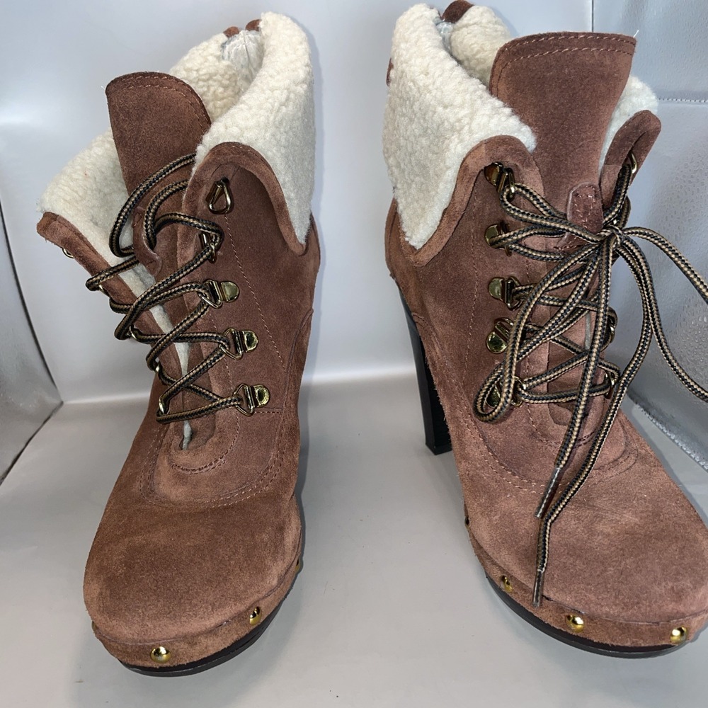 BCBG Suede Shearling Lace Up Platform Ankle Boots High Heel Size 8 - Picture 8 of 9